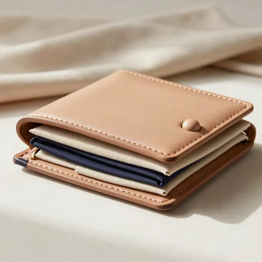 Läderlik wallet-guide halvvägs i linne och ljus sandsten, med mjukt navy-inslag.