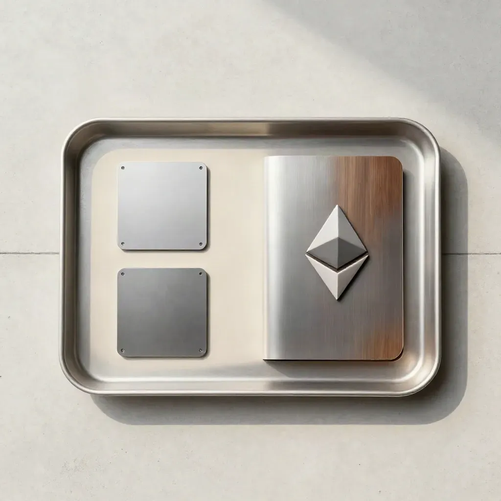 Ethereum-startpaket i metall på ljus sten med två modulskivor och skyddshylsa, exakt overhead flatlay