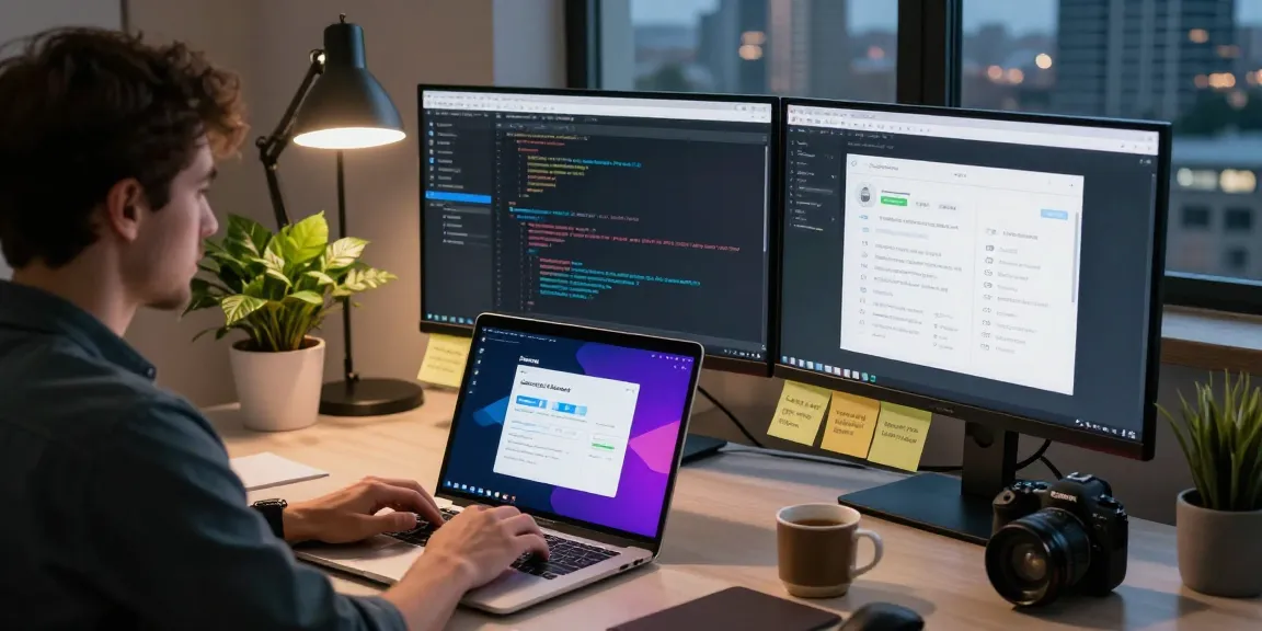 Engaging workspace scene showcasing a developer focused on Telegram Download, featuring vibrant coding screens and a modern setup.
